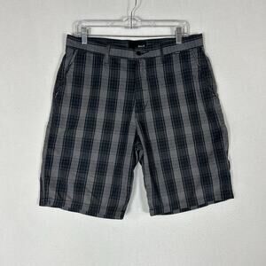 Hurley Flat Front Golf Shorts Men's 32 Gray Plaid Casual Pockets Beach Summer
